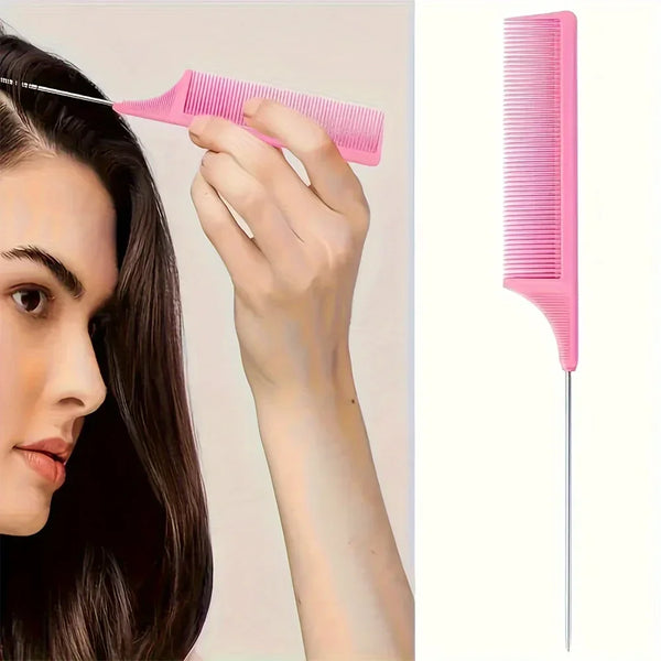 A hand is using a pink professional 4-piece hair styling comb set on a woman's dark hair.