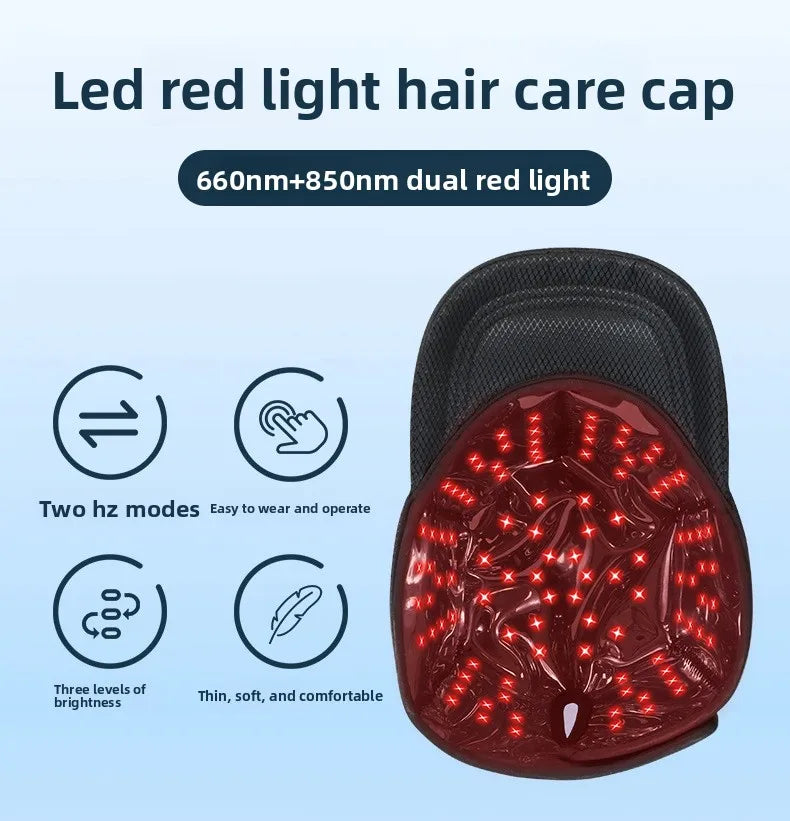 A black hair care cap with red LED lights, featuring 660nm and 850nm dual red light modes.
