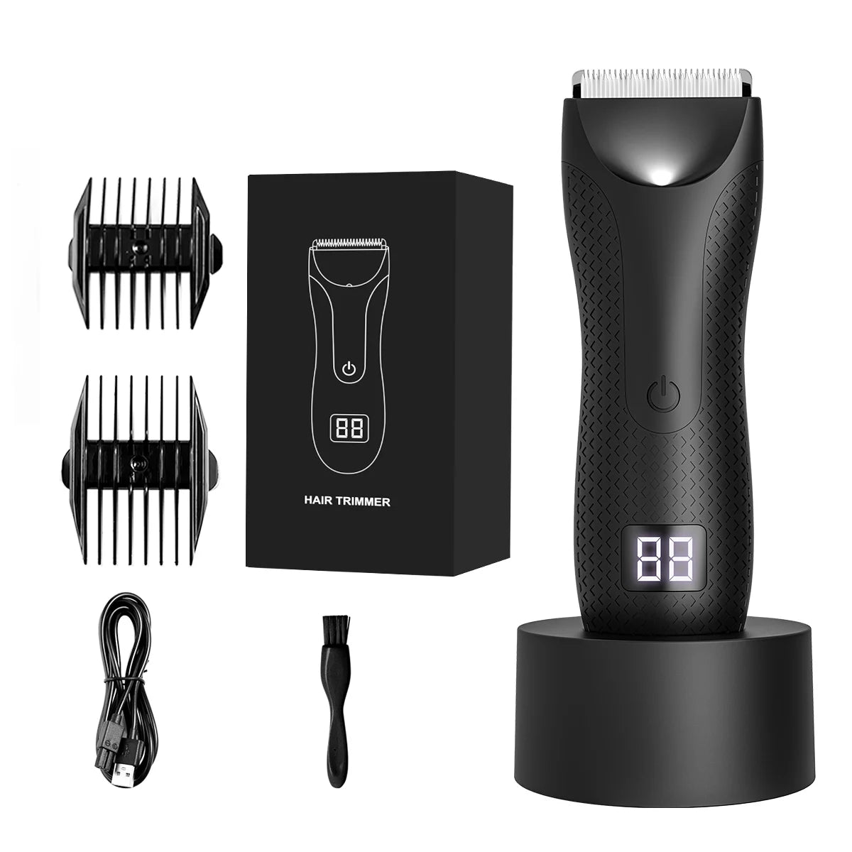 A black professional body and personal hair trimmer with a detachable guard and charging cable.