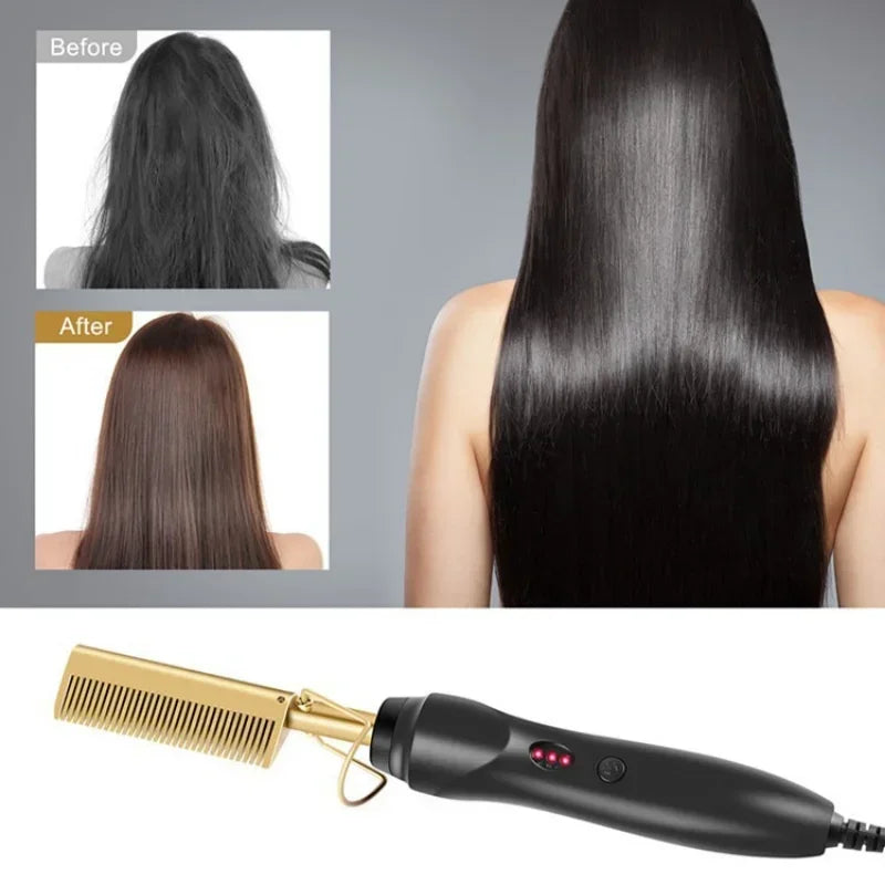 A black electric hair straightener and curler tool shown with a gold-colored flat brush attachment.