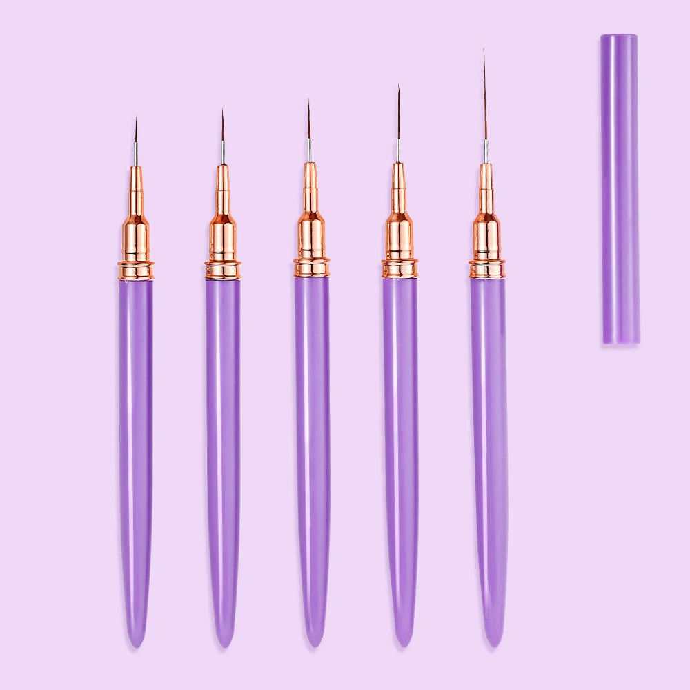 A set of pink nail art liner brushes with ultra-fine tips displayed against a light purple background.