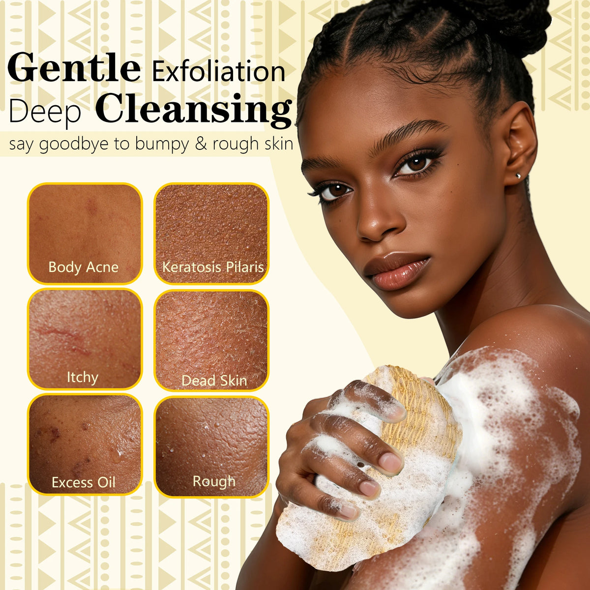 A woman is using an exfoliating loofah sponge on her skin for gentle exfoliation and deep cleansing.