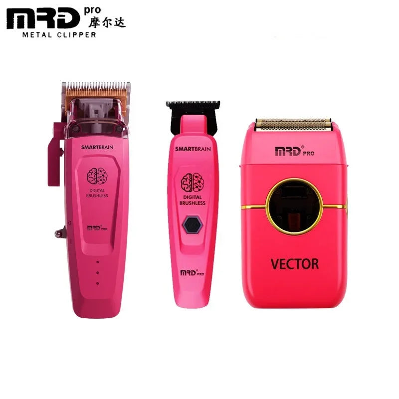 A pink electric hair clipper with a black guard and gold accents, shown in a studio setting.