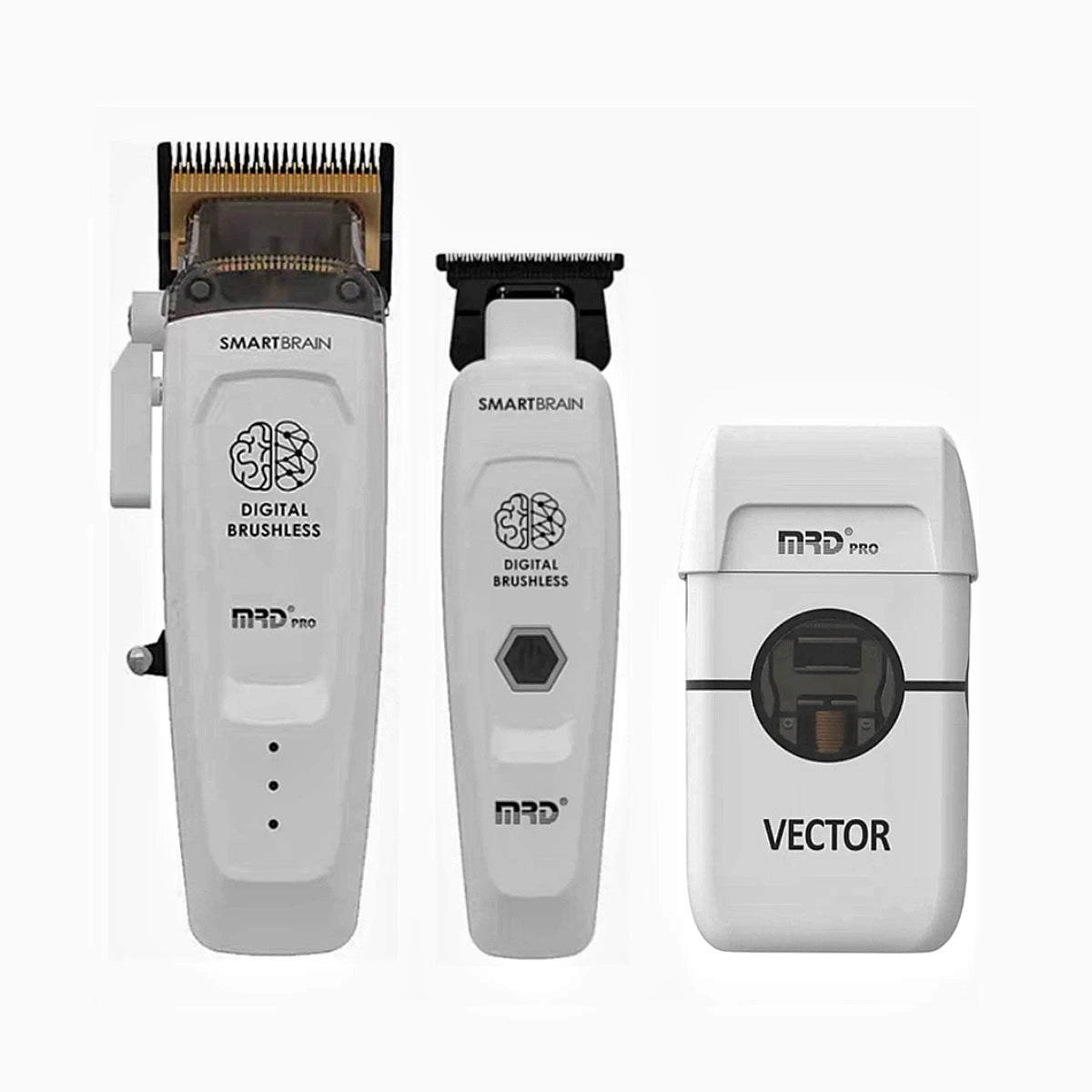 A set of SmartBrain digital brushless hair clippers, including a Vector model and a Digital Brushless unit.