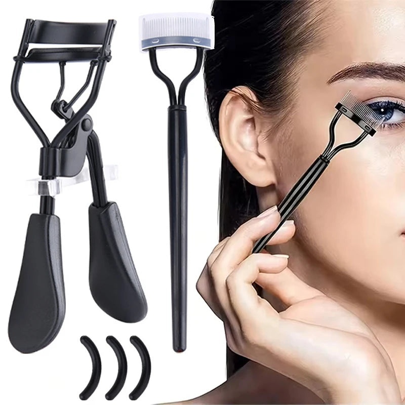 Un ensemble de recourbe-cils en acier inoxydable noir, montré à côté d'une femme qui en applique un à son œil.
