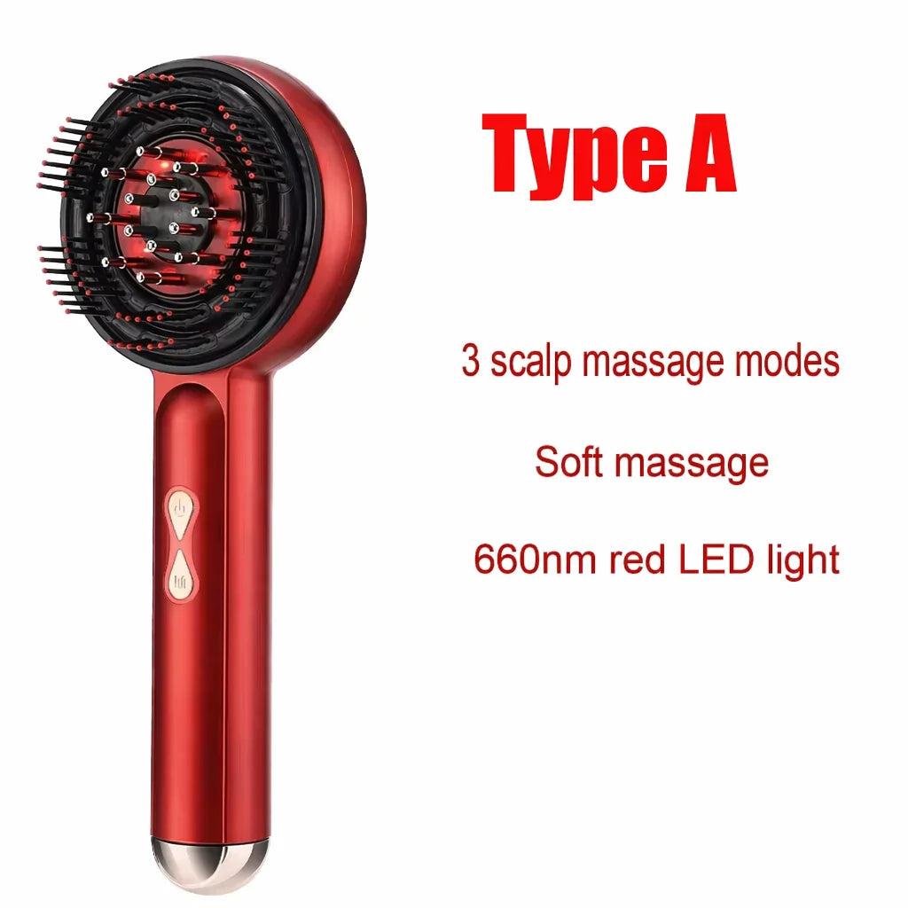 A red electric scalp massage comb with bristles and a light therapy feature, labeled Type A.