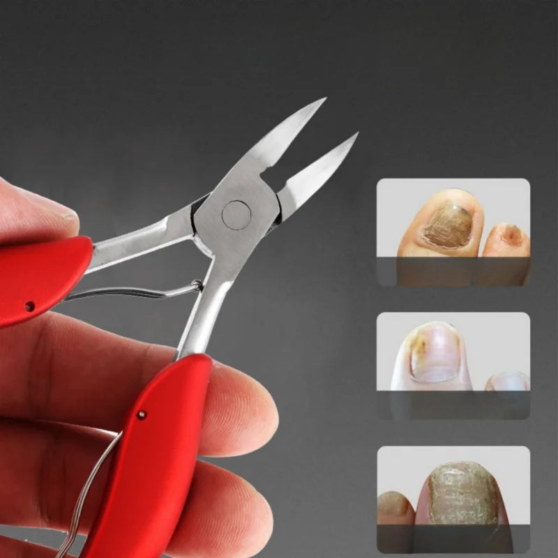 A hand holds professional toenail clippers with a curved sharp blade, showing various nail cuts.