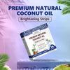Caja de tiras blanqueadoras de aceite de coco natural premium para dientes sensibles, mostrada sobre una superficie de madera