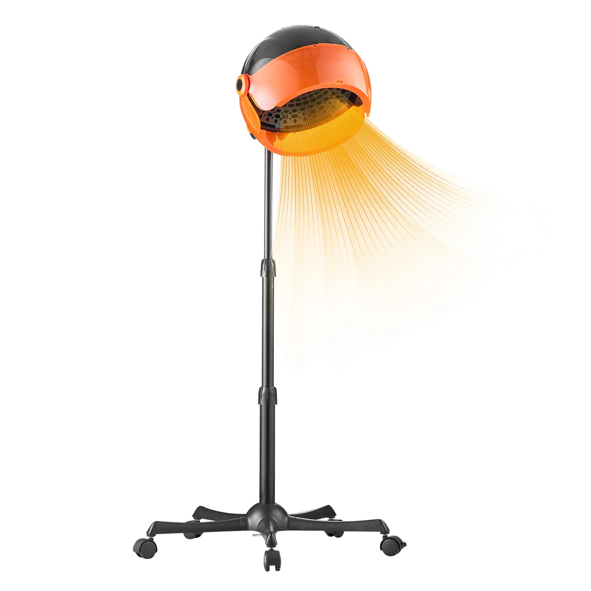 An ionic hooded hair dryer with an orange and black dome head shining a light beam.