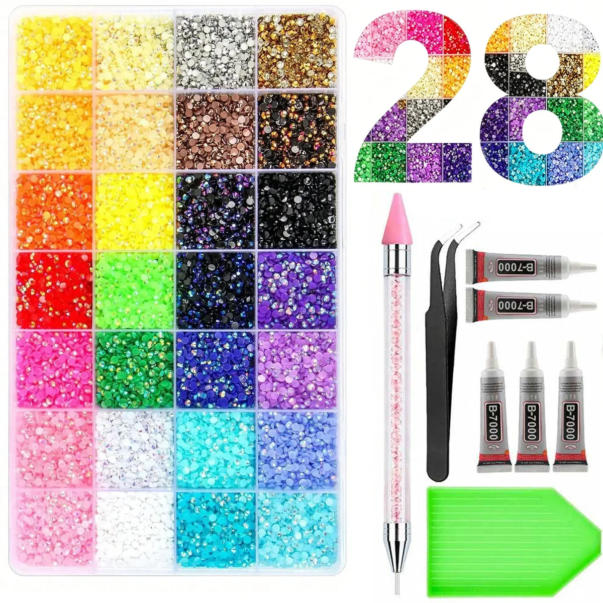 Collection de 28 pièces de paillettes et strass de différentes couleurs arrangées en grille, avec un stylo de peinture et un 