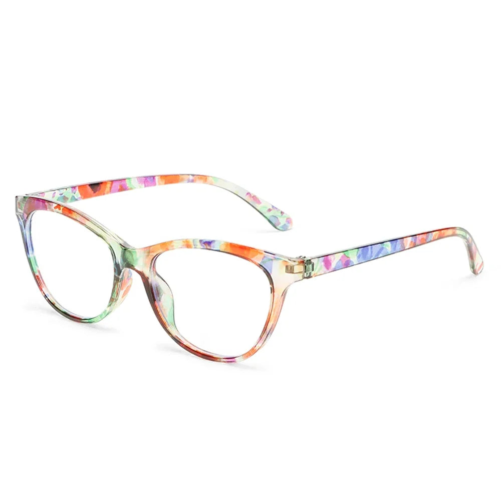 Un par de elegantes gafas de lectura florales anti-luz azul con lentes de colores.