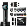 A black professional rotary hair trimmer with an adjustable blade and various attachments shown on a white background.