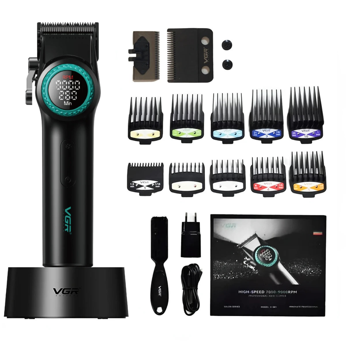 A black professional rotary hair trimmer with an adjustable blade and various attachments shown on a white background.