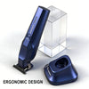 A blue Badger hair trimmer is shown next to its clear box and a separate grooming tool, highlighting ergonomic design.