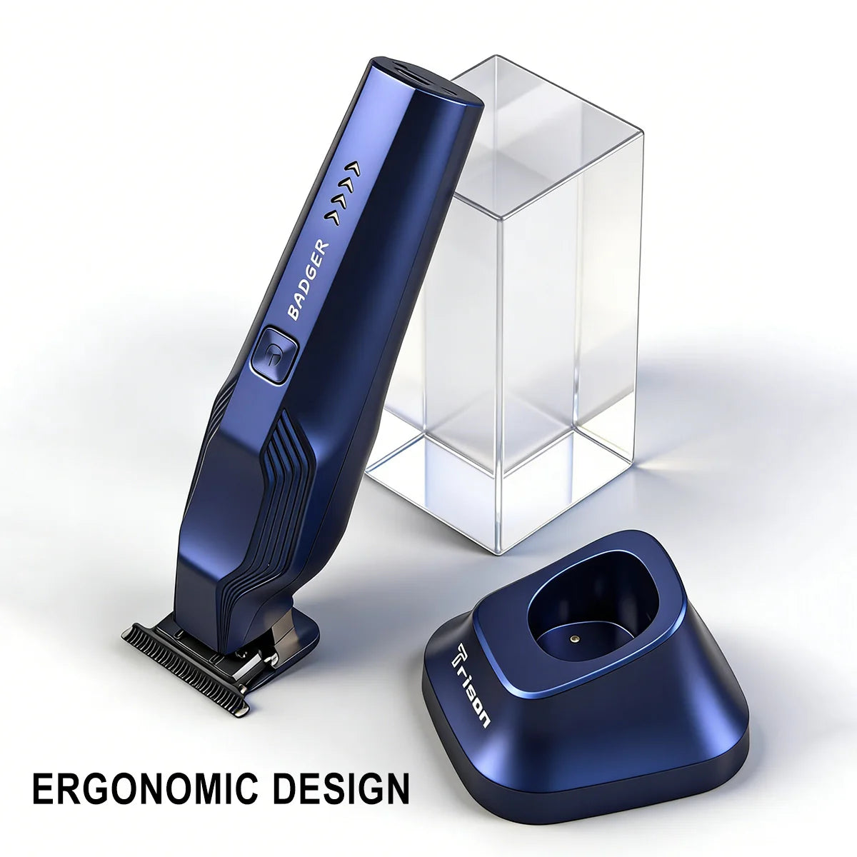 A blue Badger hair trimmer is shown next to its clear box and a separate grooming tool, highlighting ergonomic design.