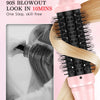 A pink infrared heated round brush is shown being used on hair for styling.