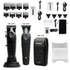 A collection of professional electric hair clipper tools and accessories for men, including clippers, combs, and attachments.