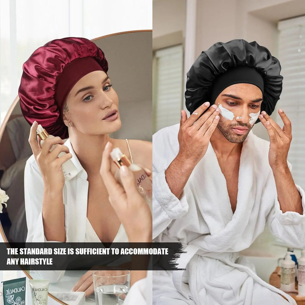 A woman wearing a maroon silk sleep bonnet and a man wearing a black silk sleep bonnet.