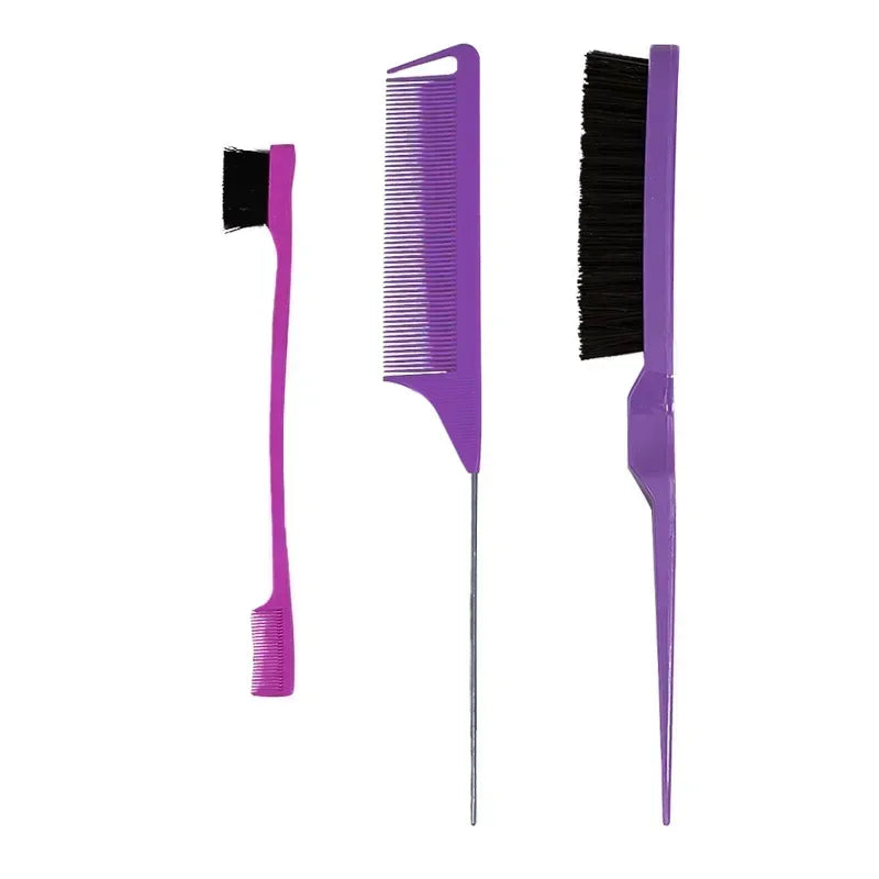 A set of purple hair styling combs and brushes, including a wide-tooth comb and a fine-toothed brush.