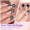 Close-up of elegant almond press-on nails in rich coffee black and white floral designs on a hand.