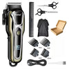 A Kemei 80 power cordless hair trimmer with various attachments and accessories.