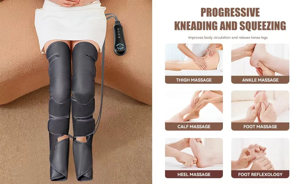 A pair of black air compression leg massager sleeves being worn on a person's legs.