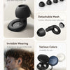 A set of black silicone sleep earplugs shown with various sizes, a detachable mesh option, and a brown leather bag.