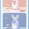 Pink and blue kids sonic electric toothbrush with a timer and music displayed on a stand.