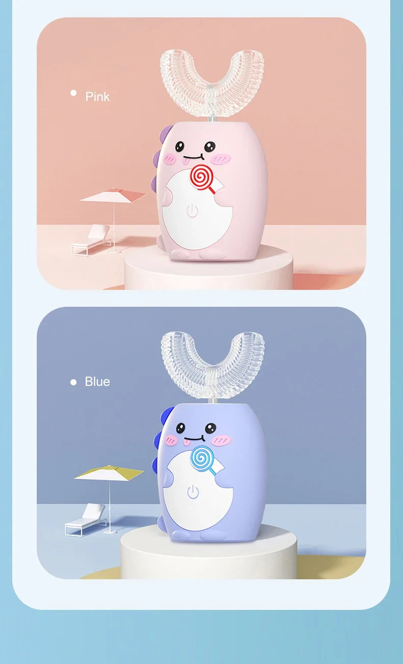 Pink and blue kids sonic electric toothbrush with a timer and music displayed on a stand.