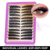 A plastic tray of DIY mixed cluster eyelashes showing various lash styles and a close-up of an eye with applied lashes.