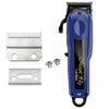 A blue cordless Magic Clip hair clipper with a silver blade and attachments.