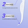 A white dental floss stick tool with three features shown: twin line, thin span, and bowed tail for orthodontics.