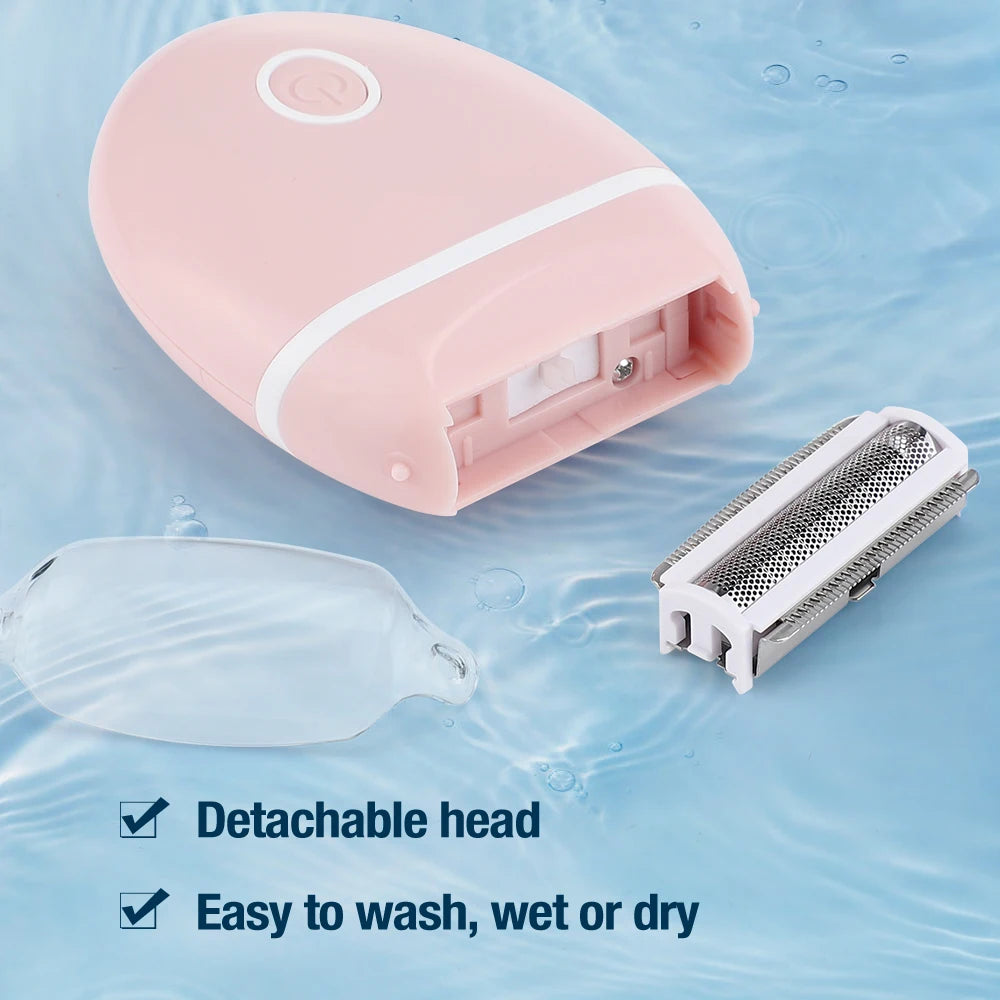 A pink electric body shaver and trimmer with a detachable head and a separate shaving head shown in water.