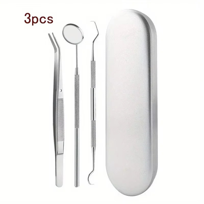 A set of three stainless steel dental cleaning tools including a mirror and two probes.