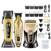 Three Kemei electric hair clippers shown: a yellow and black model, a gold model, and a beige unit.