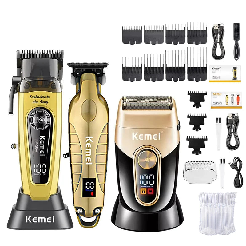 Three Kemei electric hair clippers shown: a yellow and black model, a gold model, and a beige unit.