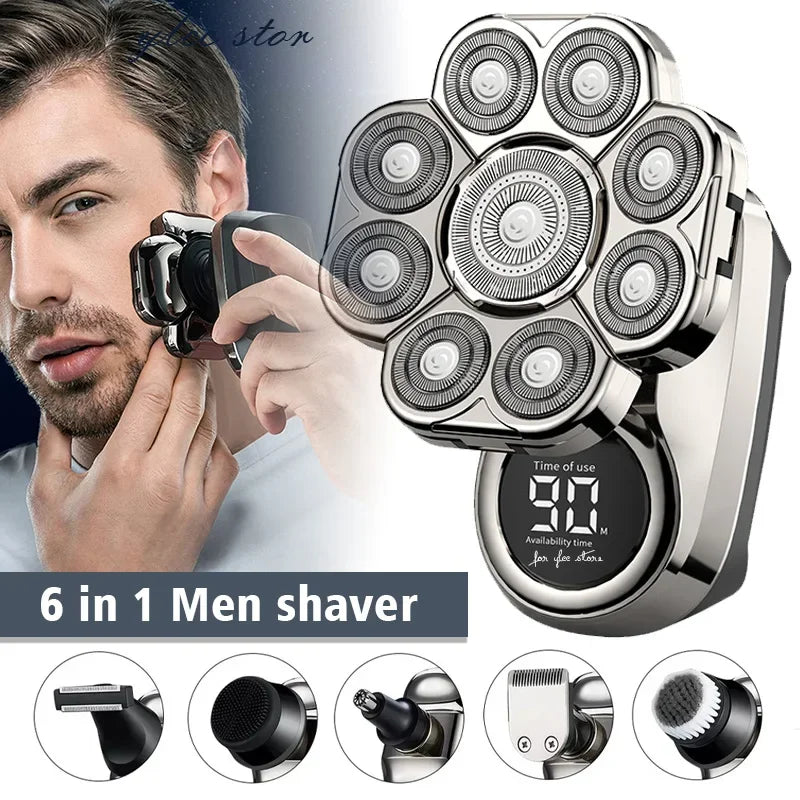 A man is using a 6-in-1 multi-function electric grooming kit for shaving, with various attachments shown below.
