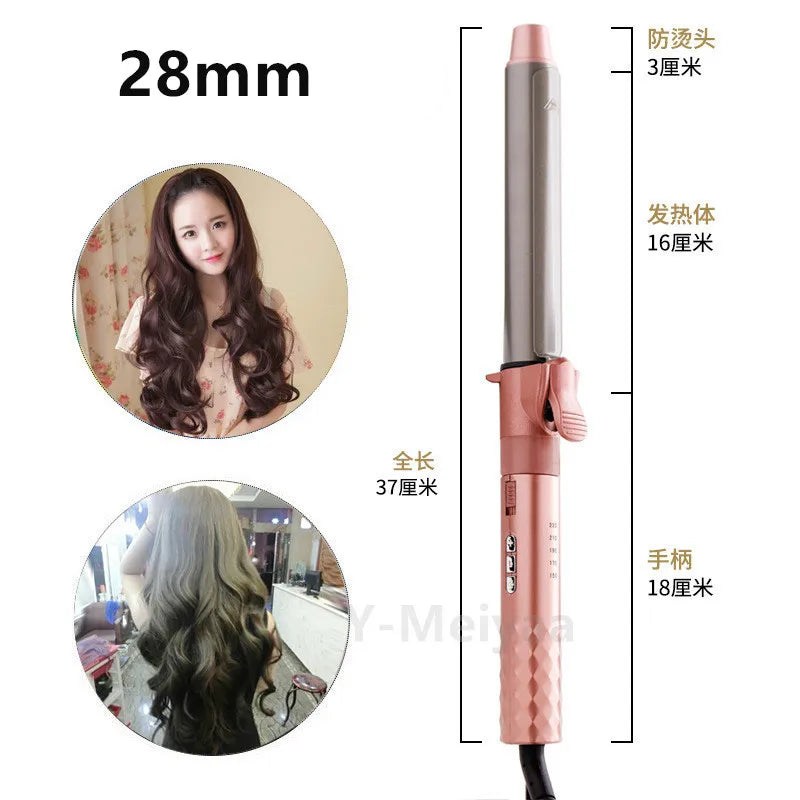 A professional ceramic hair curling iron in pink and silver tones with various barrel sizes shown alongside models.