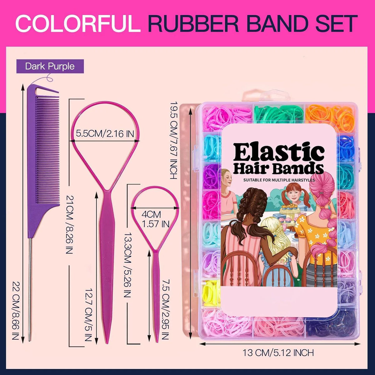 Un set de élastiques pour cheveux en caoutchouc colorés, violet foncé et diverses nuances pour plusieurs coiffures.