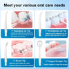 A set of portable electric oral irrigators featuring jet tips, brush tips, and tongue scrapers for various oral care needs.