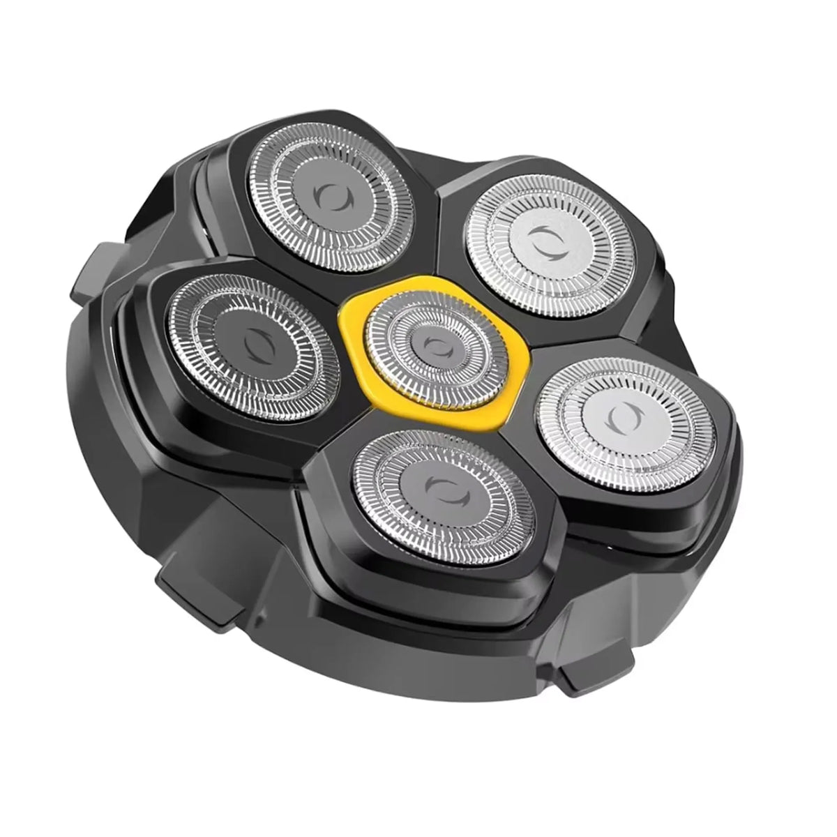 A black precision electric shaver with multiple shaving heads and a yellow accent.