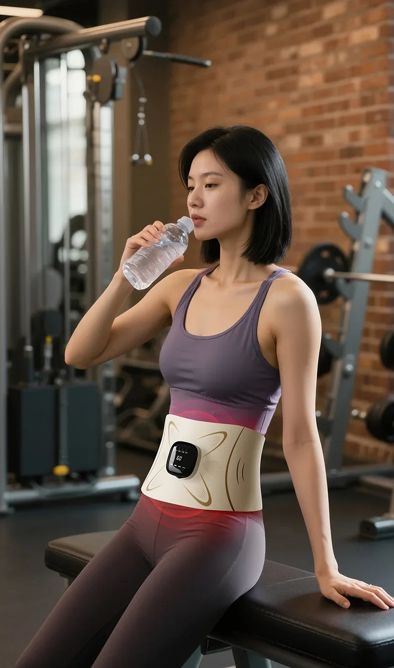 A woman wearing a purple EMS waist pulse massager device while exercising in a gym setting.