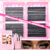 A set of black lash extension kits and tools for DIY eyelash extensions shown next to a model's eyes.