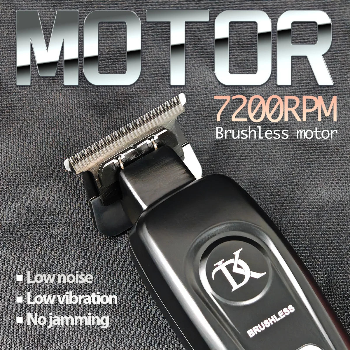 A close-up of a black brushless motor for a rotary hair trimmer, featuring low noise, low vibration, and no jamming features.