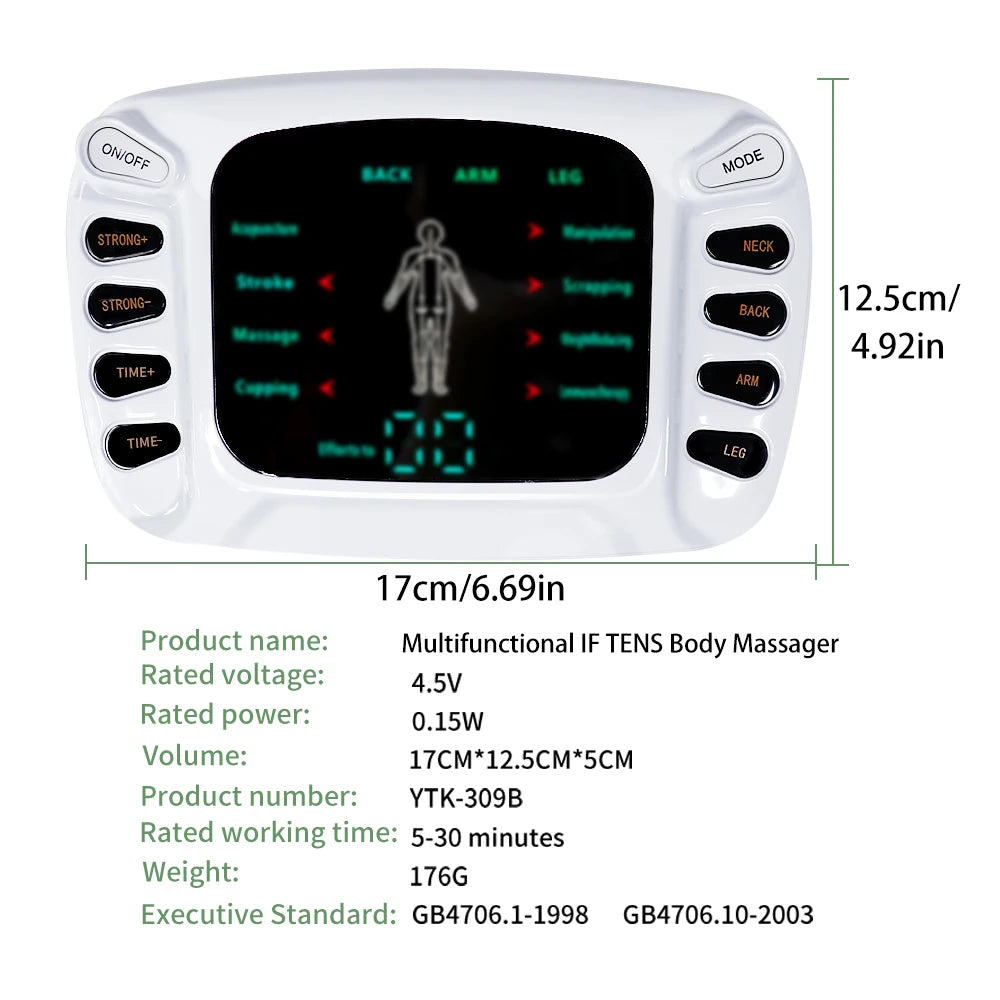 A white multifunctional IF TENS body massager device with a digital display and control buttons.