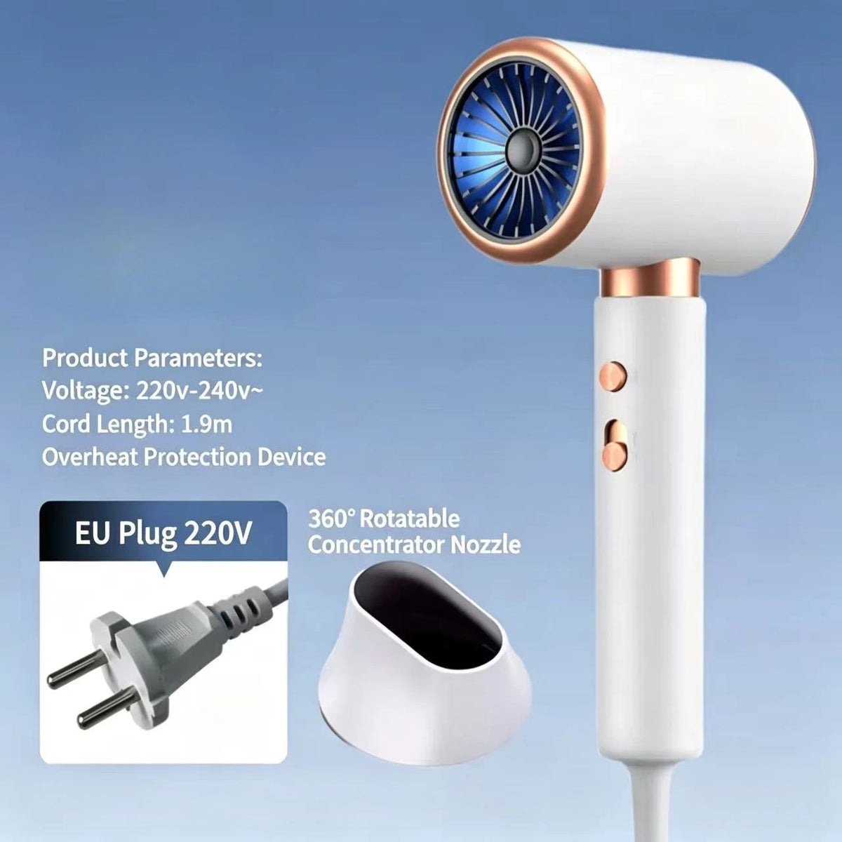 A white hair dryer with a copper accent and a detachable concentrator nozzle is shown against a blue background.