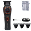 A black professional cordless hair trimmer with an LED display and multiple trimming attachments.