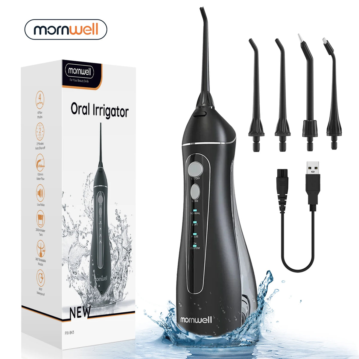 A black Mornwell oral irrigator device with a detachable tip and charging cable shown in a box.