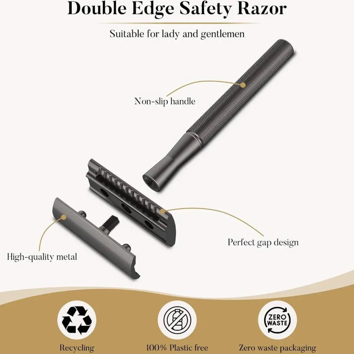 A double edge safety razor with a non-slip handle and a metal blade shown alongside recycling and zero waste icons.