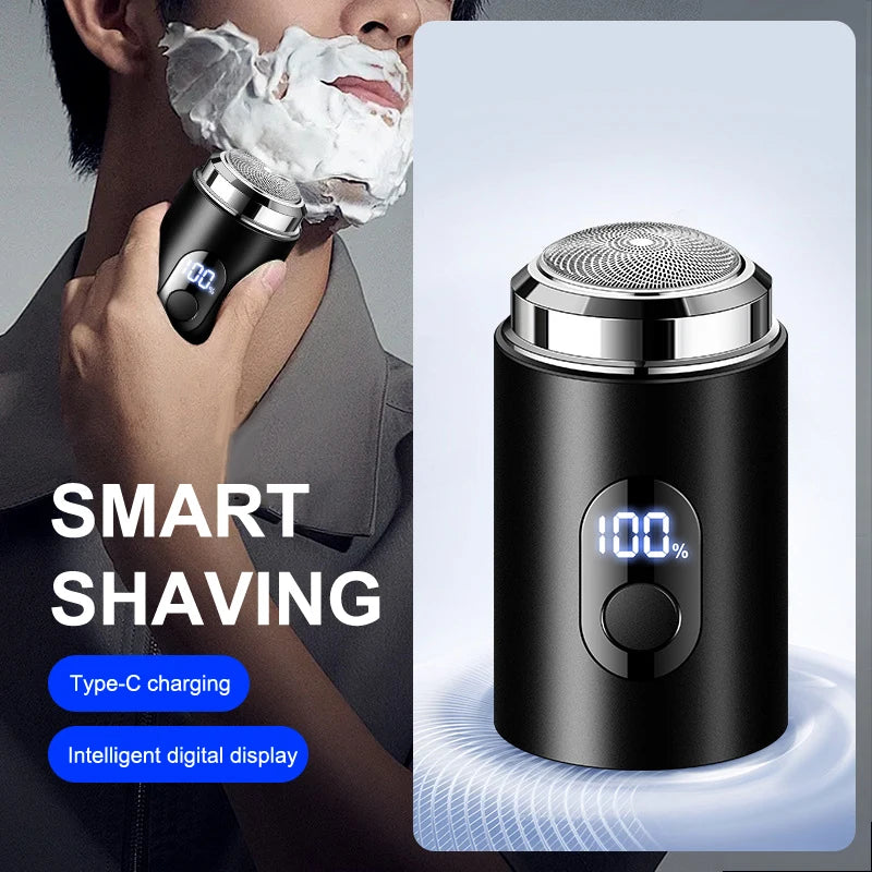 A close-up of a black electric shaver with a digital display showing 100 percent battery, being used for shaving.